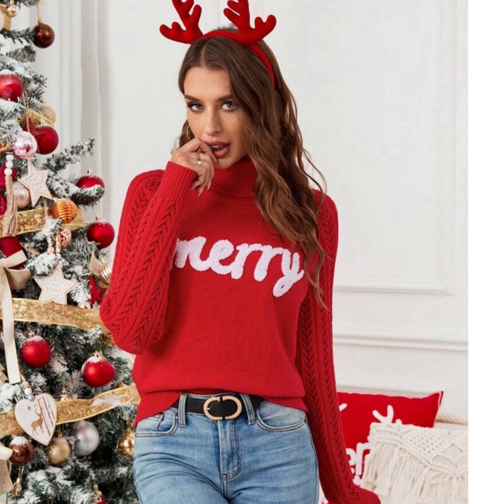 Merry Christmas Themed Knit High Neck Cable Sleeve Red Sweater - Picture 6 of 6
